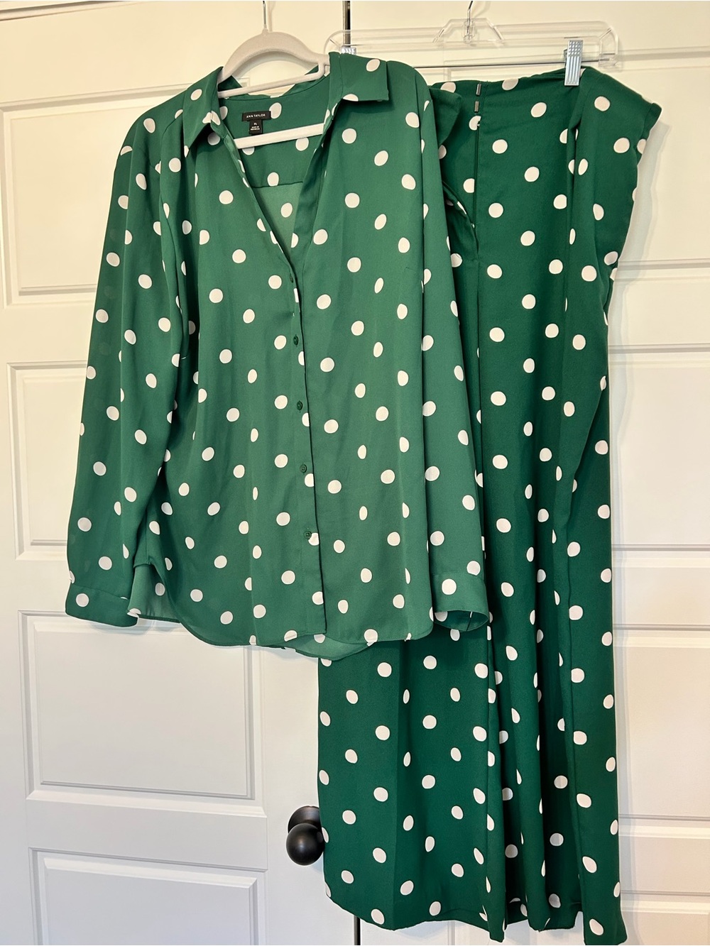 Ann Taylor Green and White Polka Dot Blouse Pants Set